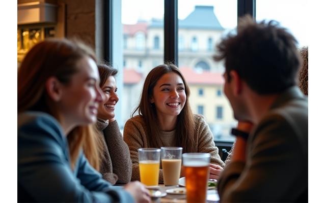 Diverse group of expats enjoying a coffee in a modern Prague cafe, multicultural and friendly atmosphere