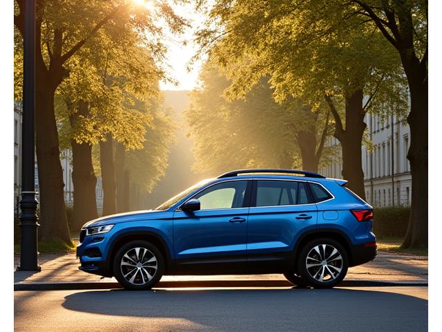 Moderní rodinné SUV zaparkované před domem, s dětskými sedačkami viditelnými uvnitř, zdůrazňující bezpečnost a pohodlí