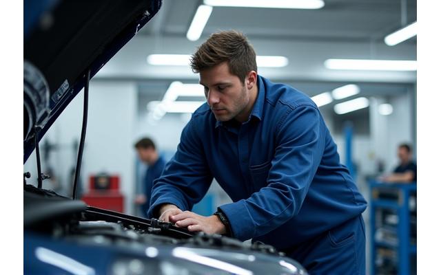 Mechanik pečlivě kontroluje motor moderního vozu v čistém autoservisu, symbolizující komplexní údržbu