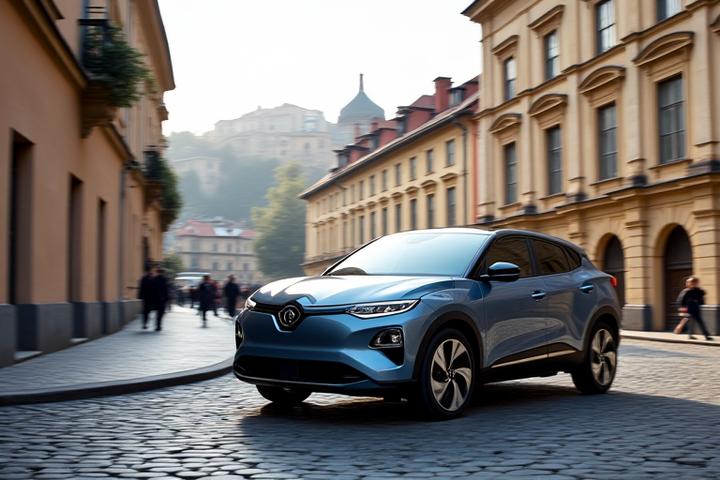 Moderní hybridní auto v klidném pohybu po historické dlažební ulici v Praze, s minimálními emisemi a tichým provozem.