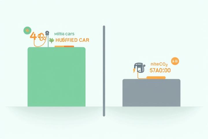 Infografika porovnávající spotřebu paliva hybridního vozu (zelená, nízká) a konvenčního vozu (šedá, vysoká), se symboly peněz a CO2 úspory.