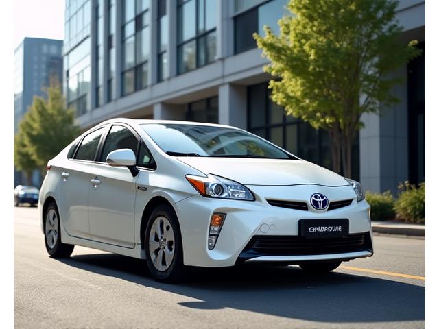 Bílý hybridní vůz Toyota Prius, elegantně zaparkovaný v moderním městském prostředí s náznakem zeleně.
