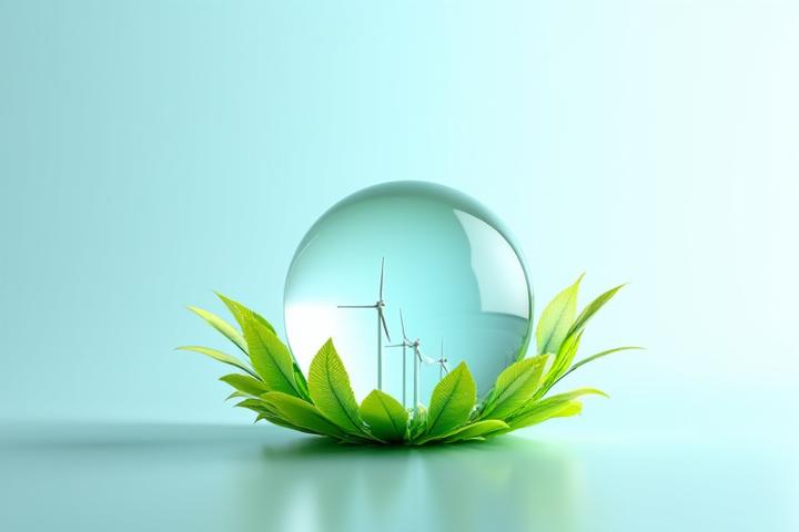 Stylová vizualizace zeměkoule se zelenými listy a obklopujícími solárními panely, symbolizující závazek k udržitelnosti a obnovitelné energii.