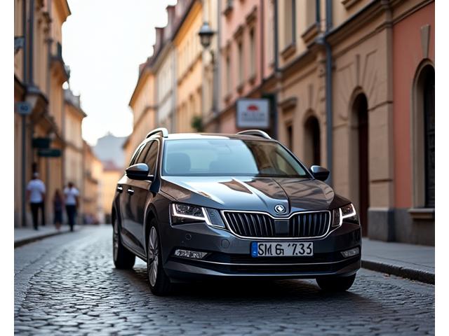 Škoda Octavia Kombi v moderní černé barvě, zaparkovaná s historickou Prahou v pozadí.