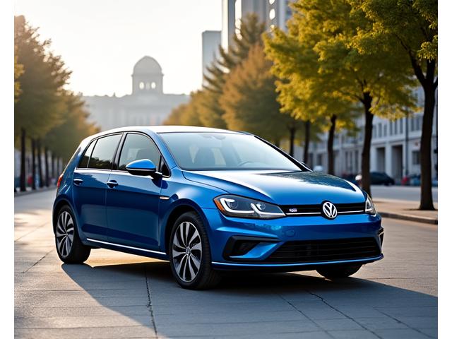 Elegantní Volkswagen Golf v metalické modré barvě, připravený k jízdě v městském prostředí Prahy.
