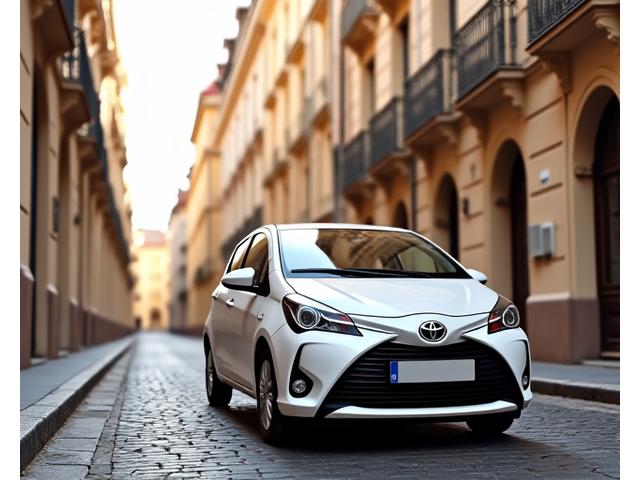 Kompaktní a stylová Toyota Yaris, ideální pro pohyb v přeplněných ulicích Prahy, v jasné bílé barvě.