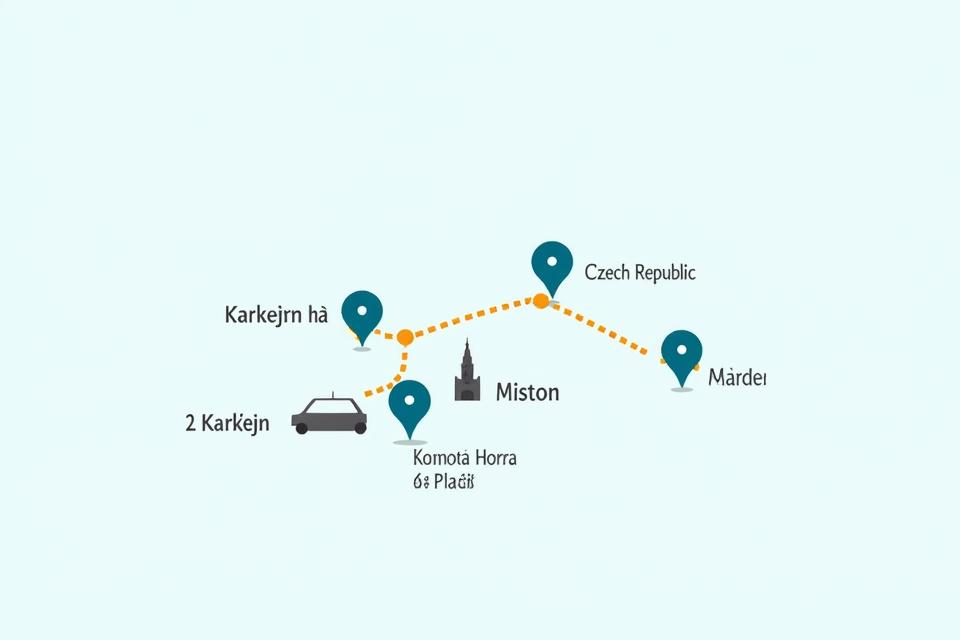 Interaktivní mapa Prahy a okolí s vyznačenými turistickými atrakcemi jako Karlštejn, Kutná Hora, Konopiště a Plzeň, s trasami pro denní výlety.