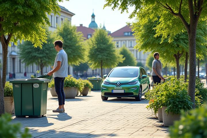 Zelená ulice v Praze s elektrickým vozem a lidmi s třídícím odpadem