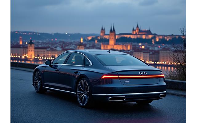 Luxusní SUV Audi A8 v barvě metalické šedi, zaparkované na silnici s výhledem na panorama Prahy.