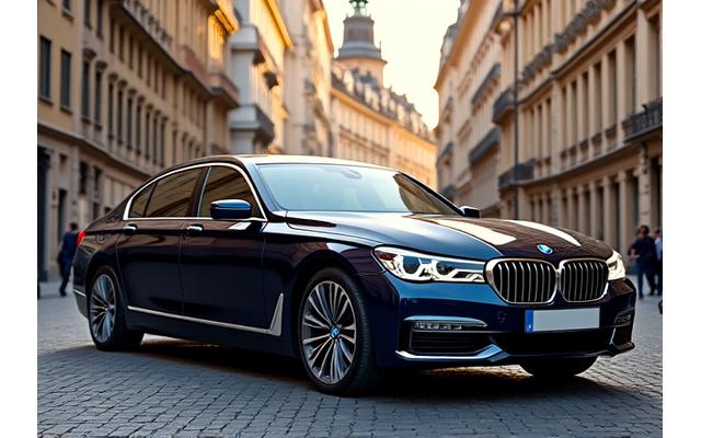 Exteriér sportovně-elegantního BMW 7 Series v tmavě modré barvě zaparkovaného u historické budovy v Praze.