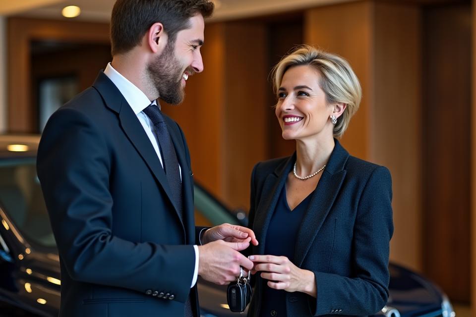 Usměvavý concierge v obleku podává klíčky k luxusnímu vozu klientovi v elegantním hotelu v Praze.