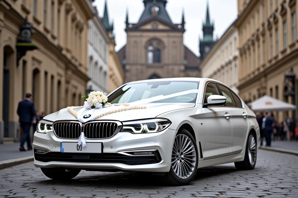 Svatební bílý luxusní vůz BMW před historickým kostelem v Praze s květinovou výzdobou.