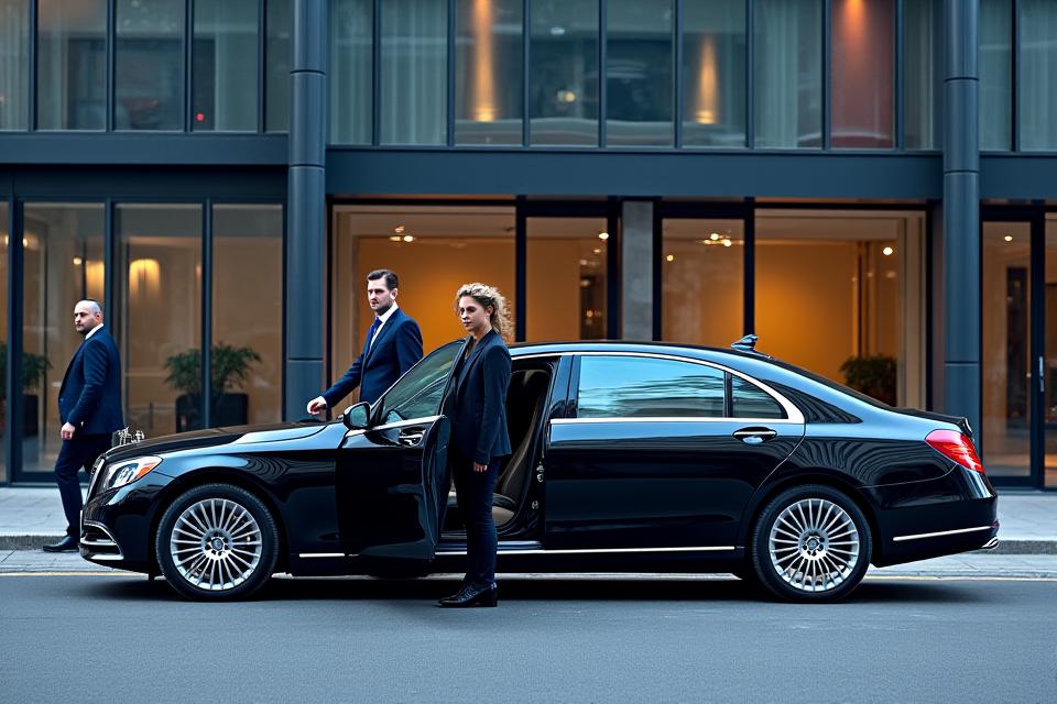 Elegantní černý Mercedes-Benz S-Class čekající před moderní budovou v Praze s obchodníky vystupujícími z vozu.